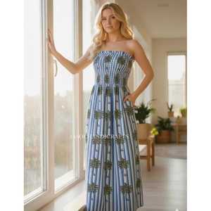 Handmade Cotton A-Line <b>Dress</b> <b>Strapless</b> with Elastic Waist Blockprint Design Boho <b>Summer</b> Style Breathable XL Fit for Leisure - Product Image 4