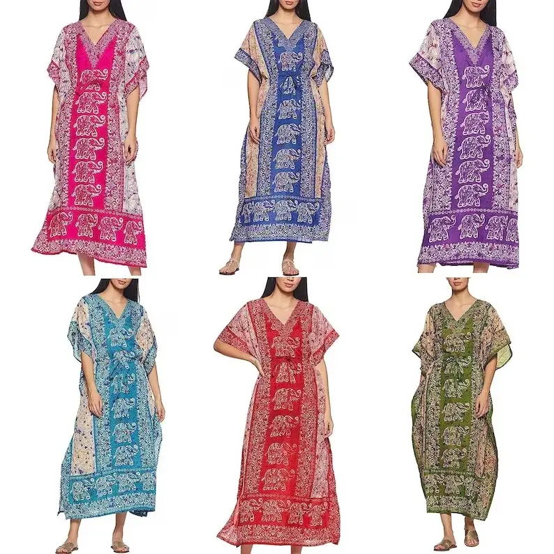 Kaftan longo, caftan, estampa de elefante, vestido de verão de poliéster, vestido de praia, vestido de noite feminino maxi, roupa de praia, festa na piscina,