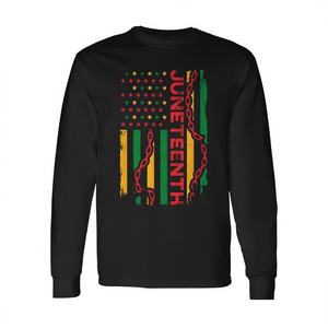 Maglietta Juneteenth con bandiera americana a maniche lunghe, girocollo nero, design promozionale unisex per adulti - Product Image 2