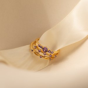 Juego de anillos de amatista, plata 925 chapada en oro, anillos de piedras preciosas apilables para todos los días, joyería de piedra natal de amatista, regalo de cumpleaños para esposa - Product Image 4