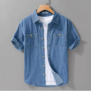 Chemise en jean vintage personnalisable pour homme, fabrication directe d'usine, demi-manches, décontractée, respirante, écologique, finition délavée à la pierre - Product Image 1