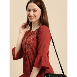 Women's Tie-Up Neck <b>Top</b> with for <b>Rust</b> Embroidery Casual Leisure <b>Tops</b> - Product Image 3