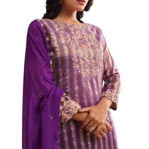 Conjunto Palazzo bordado Zardosi de tejido púrpura, venta al por mayor, Ropa Étnica para mujer, proveedor de fábrica de ropa OEM, traje de boda personalizado - Product Image 2