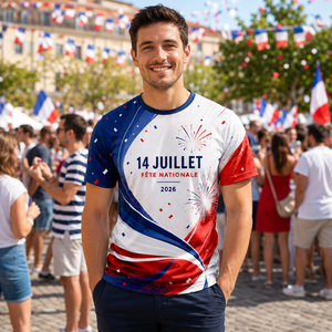 T-shirt personnalisé drapeau français, célébration du 14 juillet, la Fête de la Bastille, sublimation intégrale, souvenir national, t-shirt imprimé par sublimation - Product Image 1