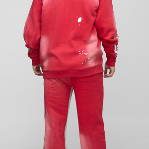 Calidad Premium 2026 Sun Faded Distress Acid Wash All Over Print Rhinestone Hoodie y pantalones de chándal acampanados Set Chándal para hombres - Product Image 5