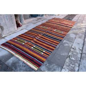 Vintage Turkish <b>Wool</b> Rug 4.8ft X 12.5ft <b>Red</b> & Black Patchwork Design Handmade Rectangle Hallway Model Latex Backing for Bedside - Product Image 2