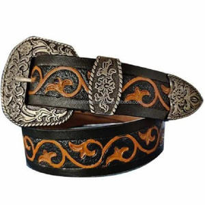 2023 Top Trending tallado a mano cinturón de herramientas de cuero occidental grabado para unisex con 3 piezas conjunto de hebilla floral pedido al por mayor - Product Image 4