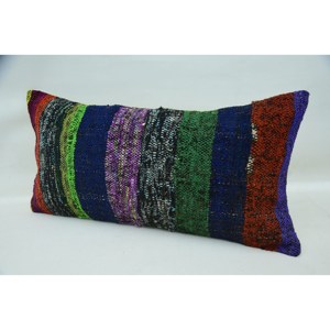 Multicolor Wool Patchwork Kantha Pillow 12x24 Inch Decorative <b>Cushion</b> Woven with Vintage Pattern - Product Image 3