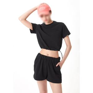 Blusas cortas de verano para mujer, camisas de algodón acanaladas, top de punto con cuello redondo, conjunto de dos piezas para mujer - Product Image 1