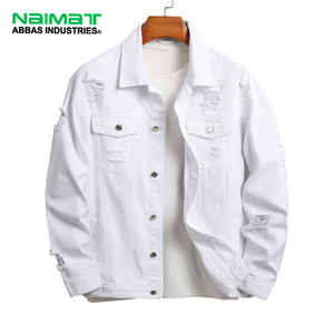 Men's Casual Long Sleeve <b>Button</b> Front Streetwear Outerwear White Distressed Denim Jacket with Ripped <b>Jean</b> Style Plain Dyed - Product Image 1