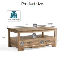 Table basse en bois de style farmhouse chic pour la maison, avec tiroirs de rangement, espace d'exposition ouvert, poignées métalliques, base incurvée, marron