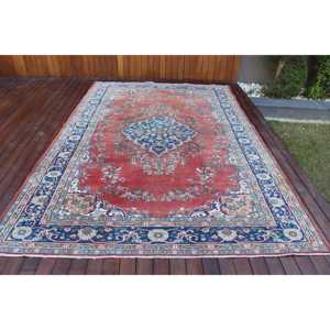 6.6x10 ft Turkish Rug, Vintage Rug, <b>Red</b> Camouflage <b>Wool</b> Rug - Product Image 1