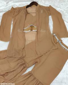 Luxury heavy georgette indo western sharara set with stylish crop blouse long <b>shrug</b> and embellished waist belt suitable - Product Image 5