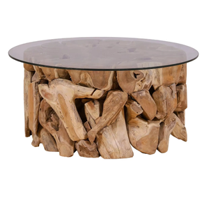 Mesa de centro redonda de raíz de teca de diseño minimalista, hecha a mano con madera de teca maciza para muebles de hogar. - Product Image 1