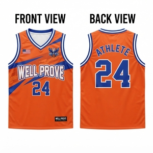 Maillot de basketball pour homme personnalisé imprimé par sublimation, sans manches, bretelles réglables, séchage rapide, 180 GSM, maille polyester, bleu marine et rouge, entièrement personnalisable - Product Image 1