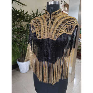 Haut de style poncho en satin de nylon respirant, anti-rides, à col en V, orné de perles faites à la main, design classique, pour femmes, pour les soirées formelles - Product Image 1