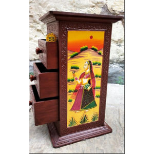 Handcrafted Wooden Mini Drawer <b>Cabinet</b> with Rajasthani Lady Painting (Traditional <b>Jewelry</b> / Utility Storage Chest) - Product Image 3