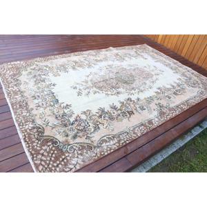 Vintage Large Rug 5.4x8.7 ft (165x266 cm), Turkish <b>Brown</b> Ikat <b>Wool</b> Rug - Product Image 2