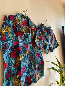 Ensemble de pyjama en coton bleu pour adultes femmes Sexy imprimé Animal costume de nuit bloc de main imprimé grande taille vêtements de nuit doux respirant - Product Image 3