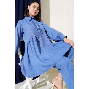 ชุด2ชิ้นของผู้หญิงสีครามติดกระดุมด้านหน้าแต่งระบาย - Product Image 4