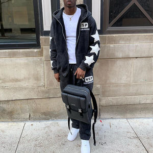 Custom <b>Embroidery</b> Logo Stacked Winter Breathable Acid Wash Men's Drawstring Flared Tracksuits Sweatsuit <b>Set</b> - Product Image 2