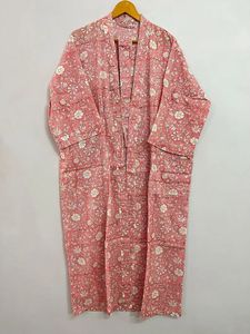 Kimono con estampado de bloques florales de talla libre, bata Jaipuri de algodón hecha a mano, cómoda, Maxi, informal, para playa, hasta el suelo - Product Image 5