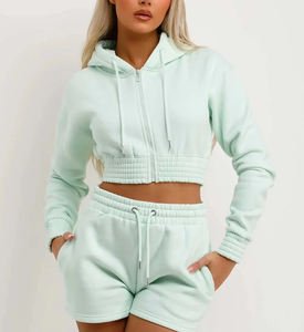 Conjunto de ropa de calle de 2 piezas para mujer de alta calidad, Sudadera con capucha de menta con cremallera, hombros caídos, pantalones cortos a juego, Tops largos, chándal de moda sólido - Product Image 4