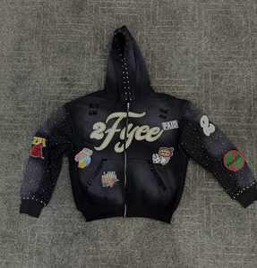 Sudaderas con Capucha Personalizadas para Hombre, 100% Algodón, Impresión Digital, Lavado Ácido, Diseño Extragrande, con Pedrería, 400 Gsm - Product Image 1