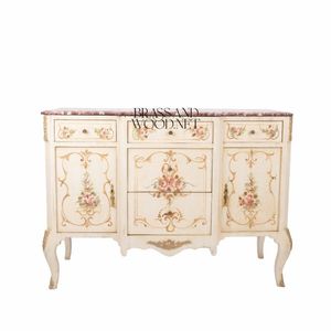 Console classique en bois peinte à la main avec plateau en marbre, détails floraux, élégante console de rangement de luxe - Product Image 2