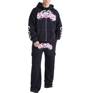 Chándal informal de algodón de gran tamaño para hombre, conjunto de dos piezas, Sudadera con capucha y cremallera completa, Joggers, estampado abullonado, logotipo personalizado, ropa de calle transpirable deportiva - Product Image 1