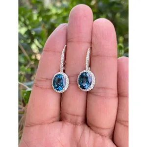 Boucles d'oreilles pendantes en argent 925 avec topaze bleue de Londres, motif goutte d'eau, cadeau religieux, ornées d'émeraudes, de perles, de diamants et de turquoises - Product Image 4