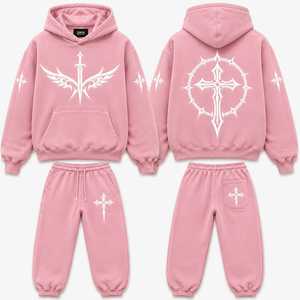 Ensemble de survêtement à capuche avec croix gothique et ailes d'ange, style streetwear, motif croix sacrée - Product Image 1
