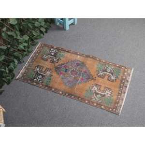 1.6x3.3 ft Vintage Small Rug, <b>Brown</b> Green Turkish Animal Print <b>Wool</b> Rug - Product Image 1