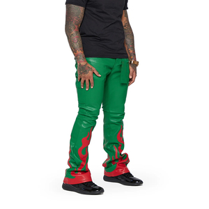 Top Selling <b>Men's</b> Cargo Stacked Flare Pants in Green Custom Embroidered Logo Mid Waist PU <b>Leather</b> Sweatpants Made Canvas Fabric - Product Image 2