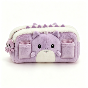 Customized purple dinosaur plush pencil case,Cute dinosaur plush pencil pouch with charm, <b>Large</b> capacity fluffy dinosaur - Product Image 4