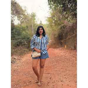 Conjunto de Falda-Pantalón Oxford de Algodón con Rayas Náuticas para Mujer, 100% Algodón, Largo por Encima de la Rodilla, Dos Piezas, Decoración con Botones, Transpirable - Product Image 3