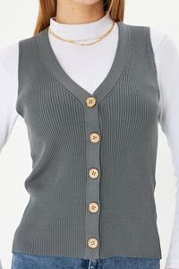 Stylish Casual <b>Women's</b> Corduroy Knitted Vest Winter Cotton Outer Wear with Button Decoration <b>Waistcoat</b> Length - Product Image 2