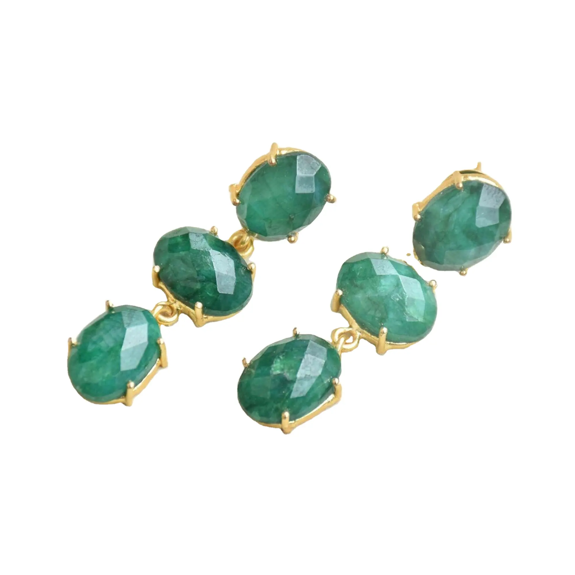 Natural Emerald Huggies 3 Pedra Brinco Oval Cabochon Gemstone Moda Jóias Brincos Verdes