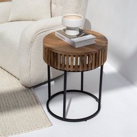 Table d'appoint ronde en bois artisanale moderne, multifonctionnelle, de haute qualité et durable, avec base en métal noir, design emboîtable