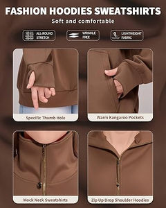 เสื้อสเวตเตอร์สวมหัวแบบมีซิปครึ่งนิ้วของผู้หญิงสำหรับฤดูหนาวปักรูที่นิ้วโป้งมีกระเป๋าจิงโจ้2กระเป๋าครอปผ้าถักระบายอากาศด้านหน้า - Product Image 4