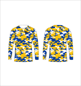 T-shirt à manches longues personnalisé bleu jaune blanc camouflage, tissu respirant, performance athlétique, entraînement sportif, haut de sport, fitness - Product Image 1
