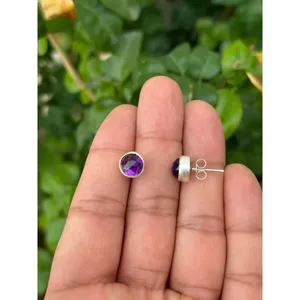 925 Gold Plated Round <b>Amethyst</b> <b>Stud</b> <b>Earrings</b> Diamond Bezel Setting Trendy Butterfly Geometric Ball Design for Engagement Party - Product Image 2