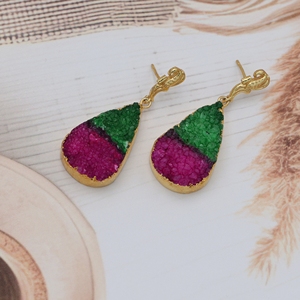 Dua Trendy <b>Green</b> Pink Drusy Drop Earrings Handcrafted Brass 18K Gold Plated Wedding <b>Jewelry</b> - Product Image 1
