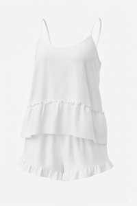 Ribbed Knit Ruffle Hem Camisole <b>Shorts</b> Set Women's Sleepwear Elastic Waist Lounge <b>Satin</b> Thermal Front Logo Vietnam Manufacturer - Product Image 5