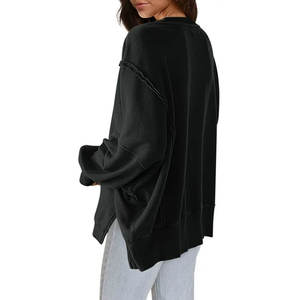 Drop Shoulder Womens Oversized Crewneck Sweatshirt Solid Color Side Slit Long Sleeve Pullover Slouchy Fit Tops pour les femmes - Product Image 3
