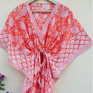 Robe caftan en coton imprimé fleuri pour femmes taille libre tunique indienne pour la fête d'été grande taille Robe jupe bas 1 pièce vêtements de plage - Product Image 1