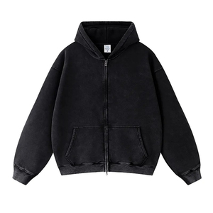 <b>Men's</b> Retro Vintage 100% Cotton <b>Hoodies</b> Stone Acid Wash Design Zippered Hooded Collar with Screen Printing Winter Solid Pattern - Product Image 4