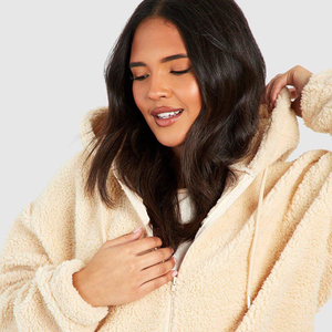 Personnalisé de haute qualité femmes à manches longues à la mode hiver floue Teddy manteaux pleine fermeture éclair Sherpa polaire à capuche sweat à capuche - Product Image 5