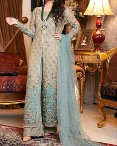 Elegant 2022 Long Kurta Stylish Plazo <b>Dress</b> Exquisite Embroidery Crystal Glass Beads Dabka Lace Button <b>Sequined</b> Natural Diamond - Product Image 1