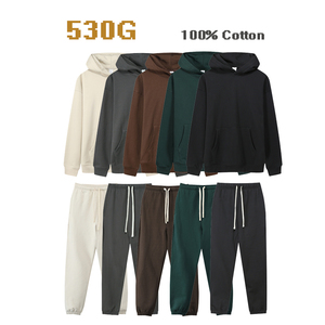 Conjunto de dos piezas de gimnasio de 100% gramos de algodón 530 para hombre, chándal deportivo de invierno con patrón sólido, trajes para correr, sudaderas con capucha y pantalones de chándal - Product Image 1